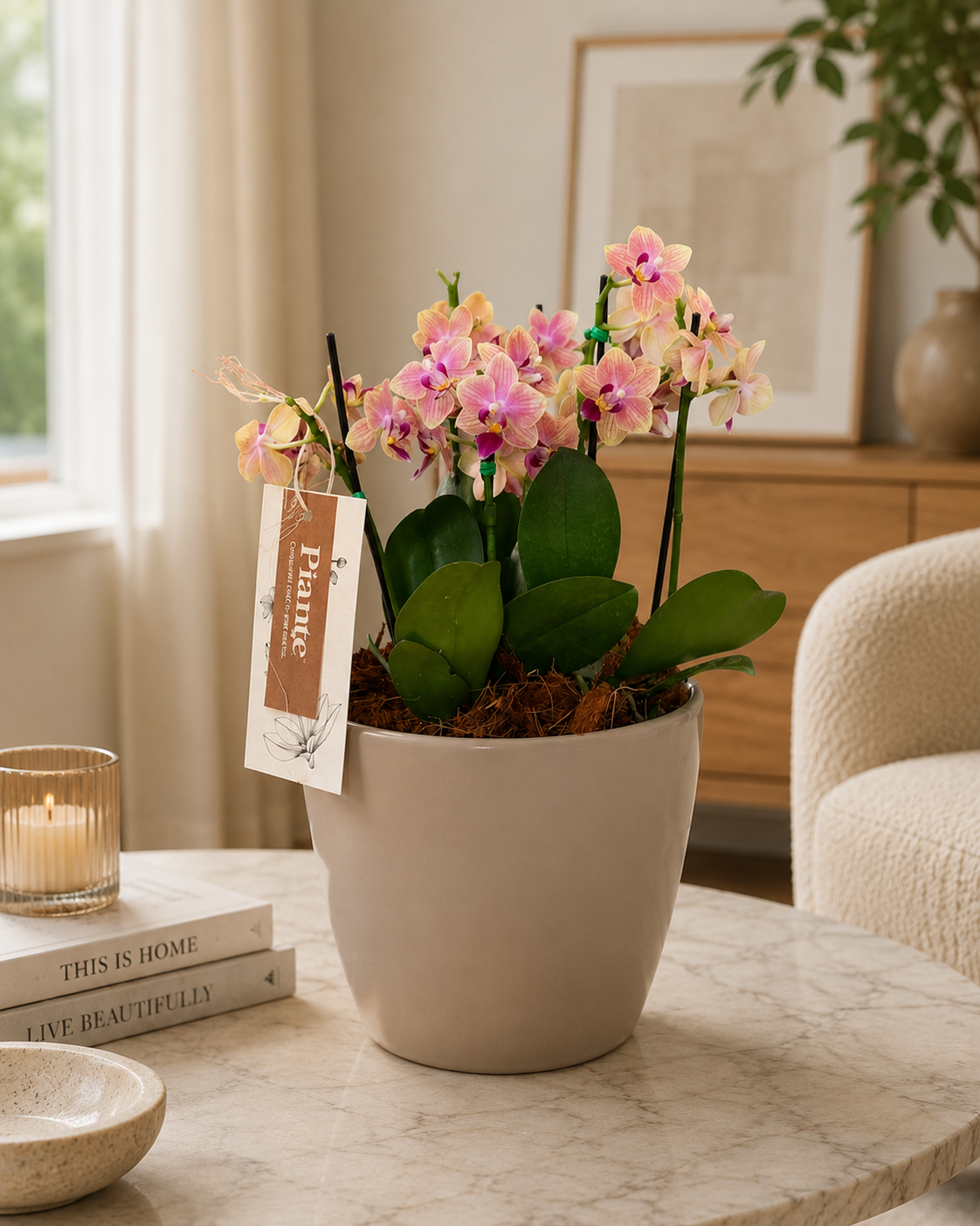Arreglo Floral de Orquideas Minis Premium Rosadas en Matera Taupe