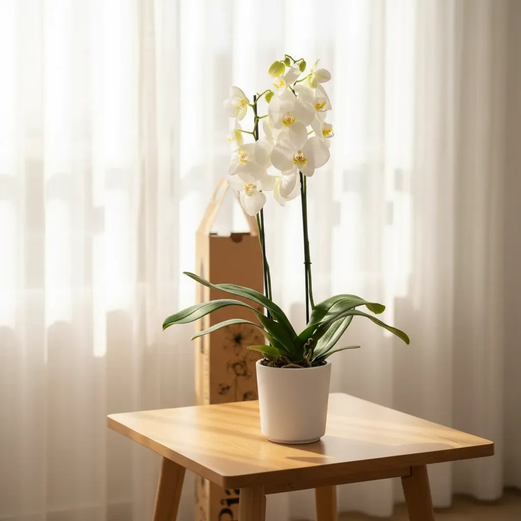 Orquídea Grandi supreme Blanco Nottingham en matera ceramica