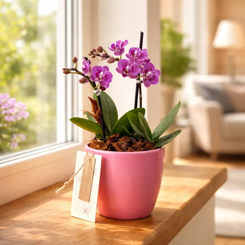 Arreglo Orquídeas Minis Morada Exotica en Ceramica Rosa
