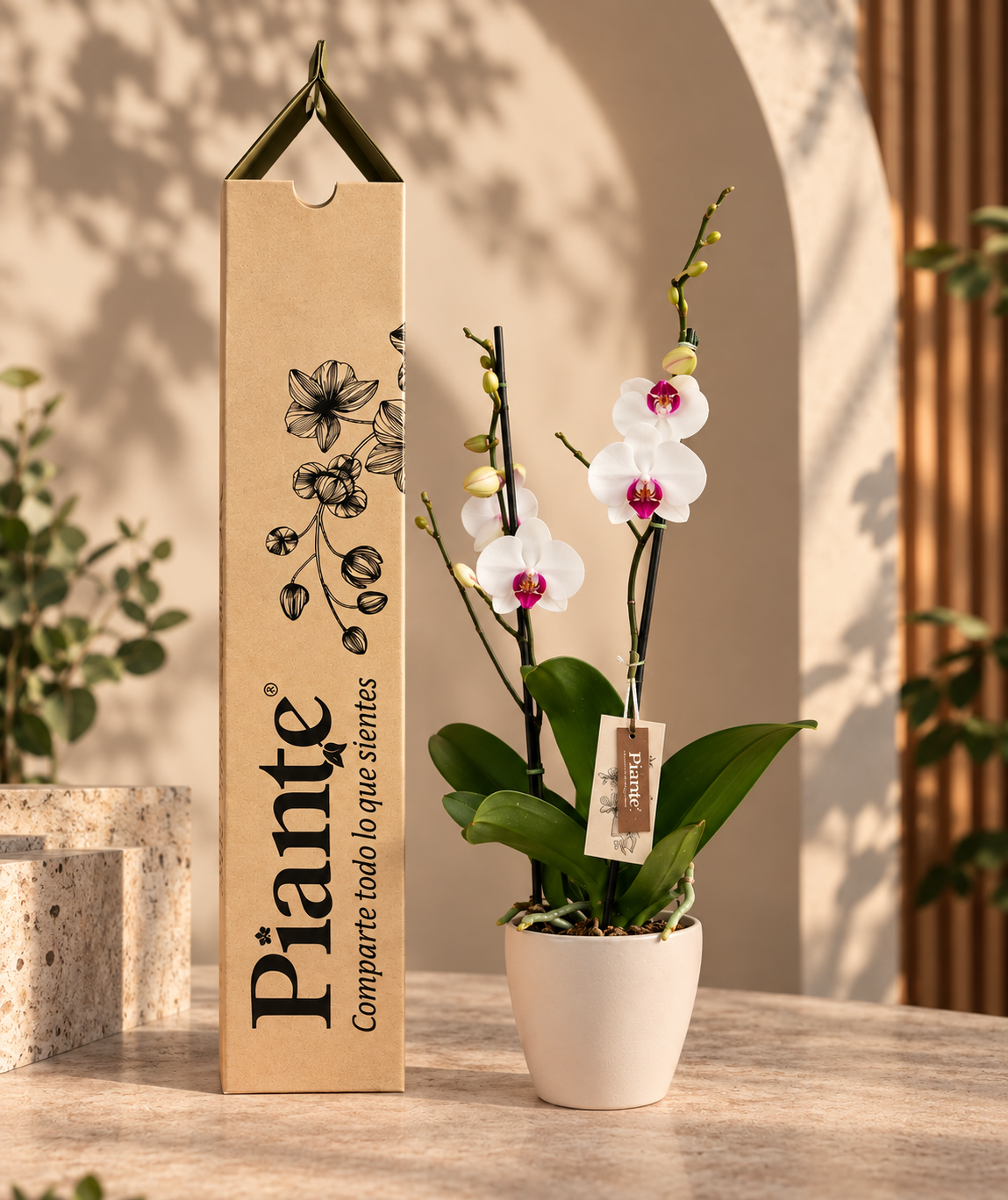 Orquídea Grandi Supreme Blanco Labio Rojo Denver en Taupe 15