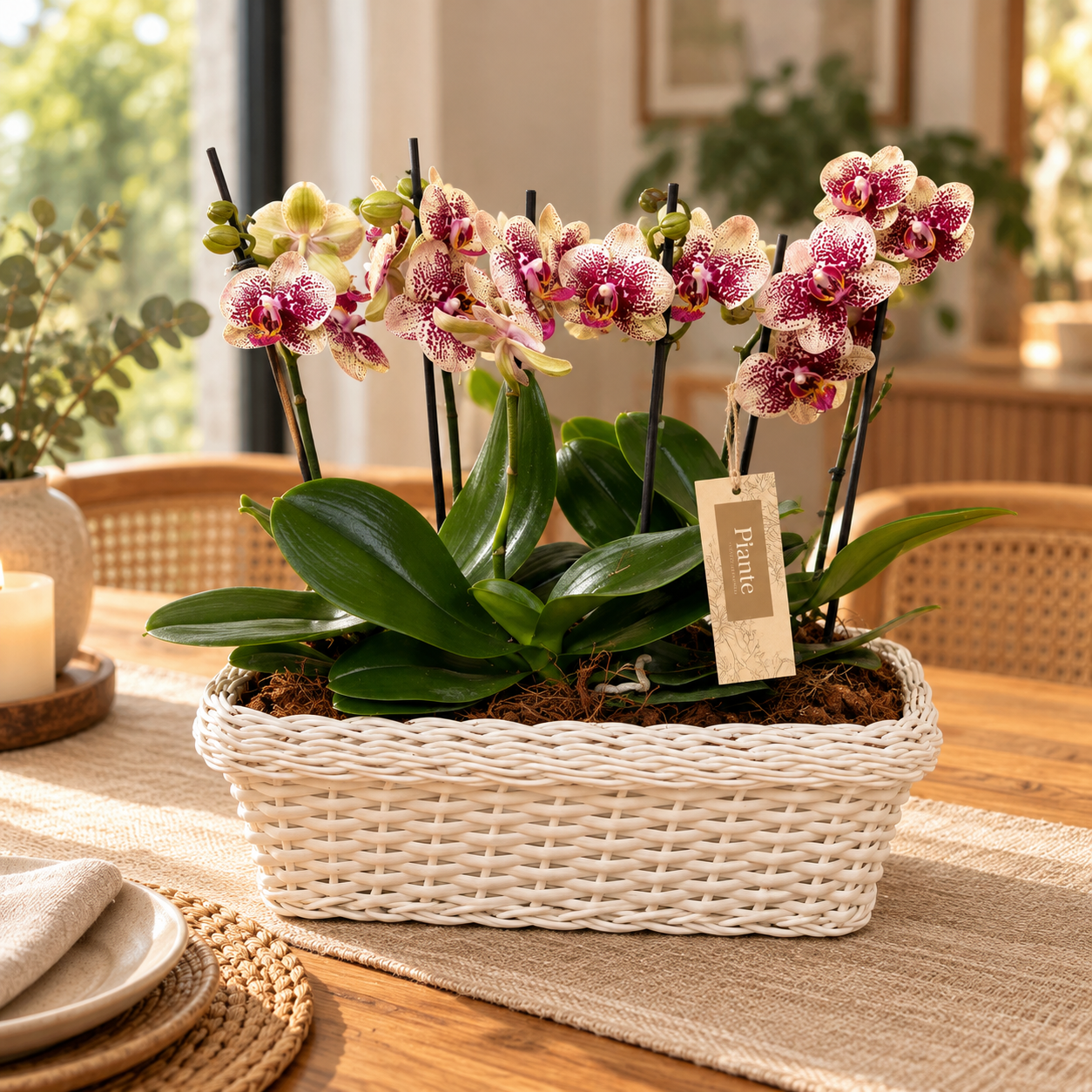 Arreglo de Orquídeas Medianas Exoticas en Jardinera Blanca